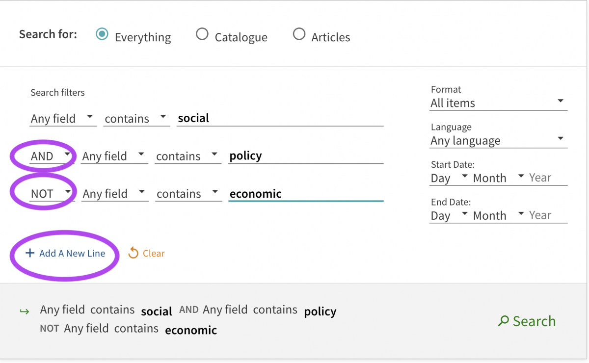 boolean search for social and policy not economic