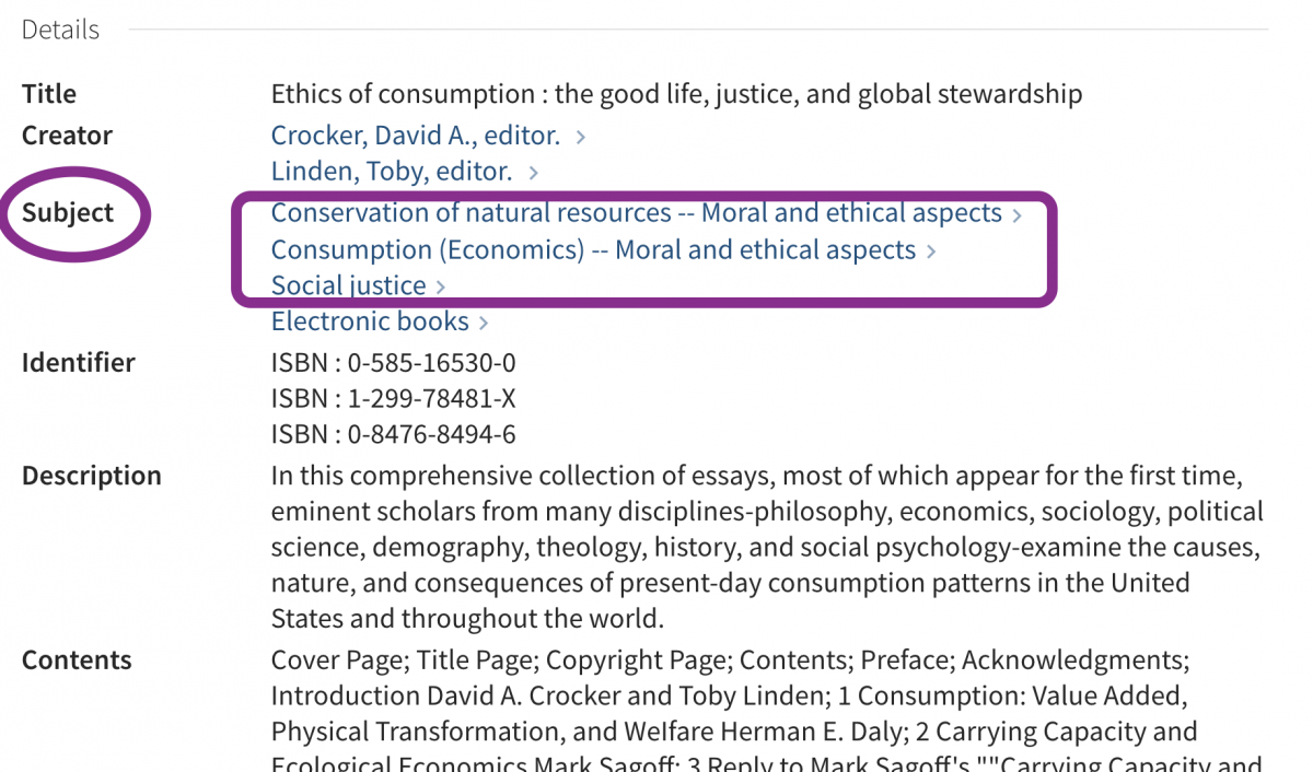 circle around subject headings for ethics of consumption