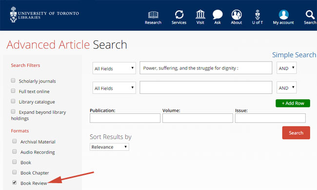 screenshot of summon advanced search with book reviews pointed out