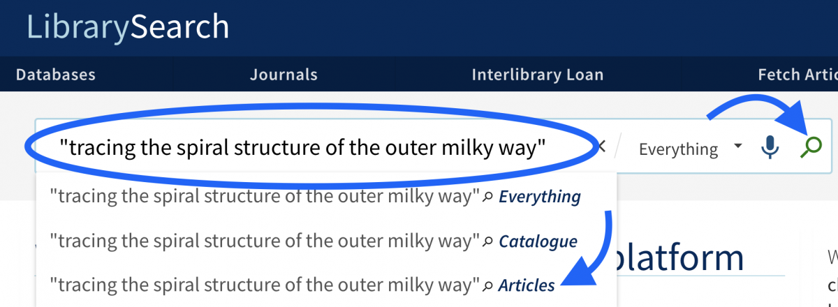 screen capture of a search for the article 'Tracing the spiral structure of the milky way'