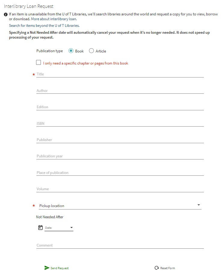 screenshot of blank ILL request form