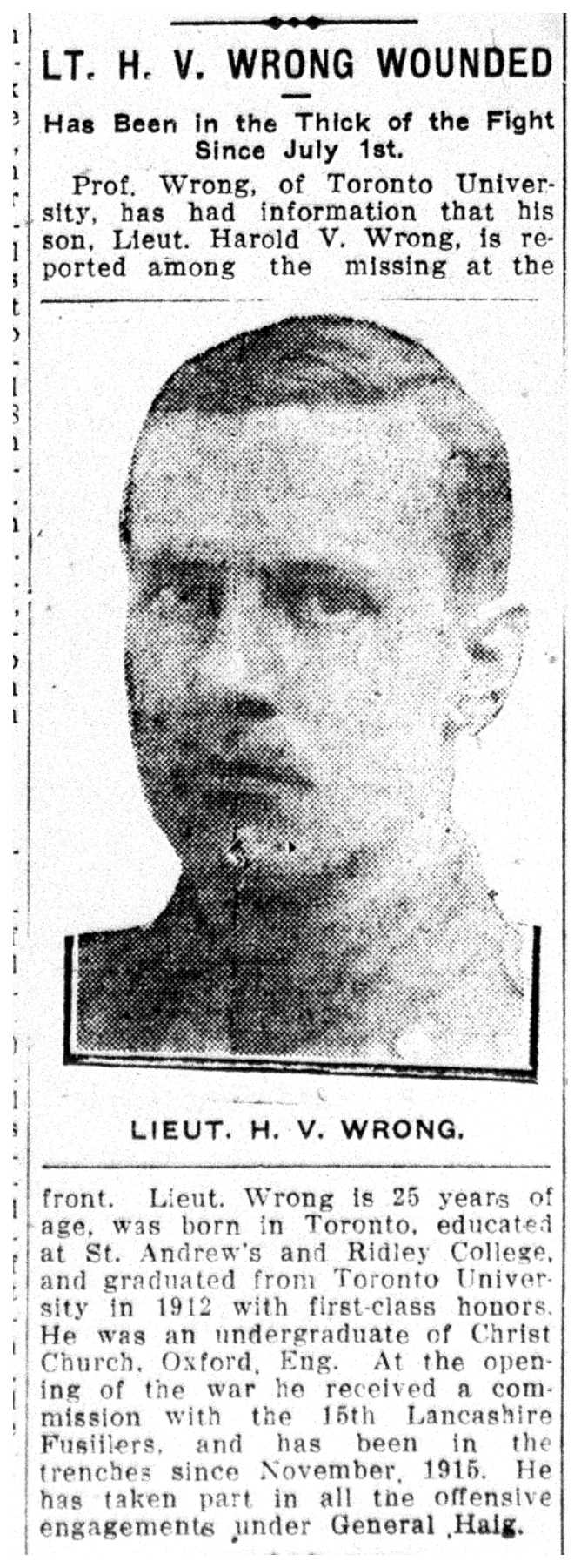 A newspaper clipping from 1916 depicting a young white man with a close cropped haircut and in military wear. He is 25 years old. He is reported missing following the Battle of the Somme in early July 1916.