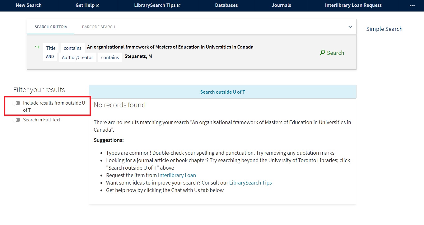 Catalogue search with no results, instruction to toggle "Include results from outside U  of T".