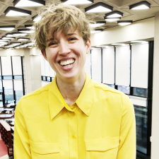 blonde white woman with yellow shirt