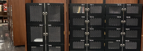 Six columns of rentable lockers for students, ranging from large to small in size.